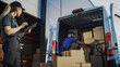 © Gorodenkoff - Outside of Logistics Distributions Warehouse: Diverse Team of Workers use Hand Truck Loading Delivery Van with Cardboard Boxes, Online Orders,  E-Commerce Purchases.