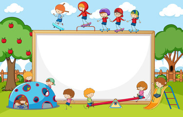 Wall Mural - Playground scene with blank banner many kids doodle cartoon character