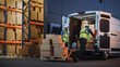 © Gorodenkoff - Retailer Warehouse Two Happy Workers Talk, Joke use Hand Pallet Truck Start Loading Delivery Truck with Cardboard Boxes, Online Orders, Purchases, E-Commerce Goods.