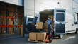 © Gorodenkoff - Outside of Logistics Distributions Warehouse: Two Workers Talk, Joke use Hand Pallet Truck Start Loading Delivery Truck with Cardboard Boxes, Online Orders, Purchases, E-Commerce Goods.