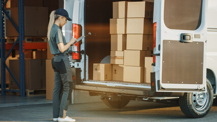 Wall Mural - Woman Inventory Manager Using Tablet Computer To Check and Count Cardboard Boxes in Delivery Truck. Warehouse Retail Distribution Center Cardboard boxes, e-Commerce Online Orders