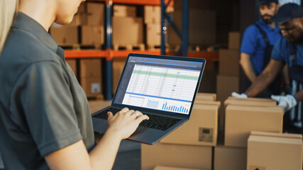 Wall Mural - Female Manager Using Laptop Computer To Check Inventory. In the Background Warehouse Retail Center with Cardboard boxes, e-Commerce Online Orders, Food, Medicine, Products Supply. Over the Shoulder