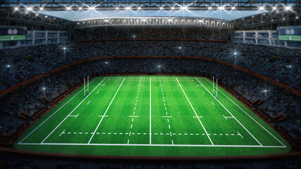 Wall Mural - Rugby professional stadium with goal post, grassy playground and fan crowd on background. View from the grandstand. Digital 3D illustration for sport advertisement.