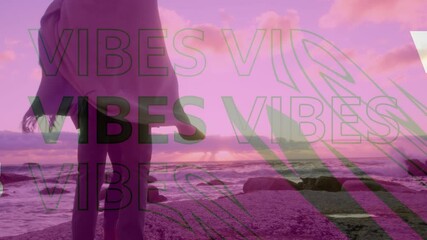 Poster - Animation of good vibes text over couple wrapped in blanket standing on beach with pink tint