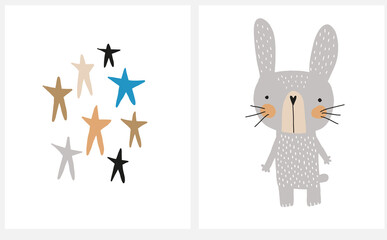 Wall Mural - hand drawn vector illustration with cute gray baby bunny and colorful stars isolated on a white back