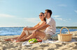 © Syda Productions - leisure, relationships and people concept - happy couple in sunglasses having picnic on summer beach