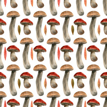 Watercolor Ceps Pattern. Seamless Background With Brown Cups And Red Mushrooms Boletus And Fall Leaves For Autumn Textile And Wallpapers