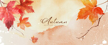 Abstract Art Autumn Background With Orange Maple Leaves Watercolor