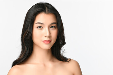beautiful young asian woman with clean fresh skin on white background, face care, facial treatment, 