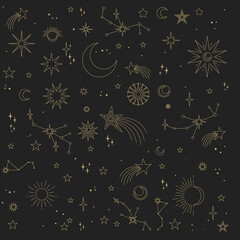 stars, moons and constellations. linear design astrology elements. seamless pattern of celestial spa