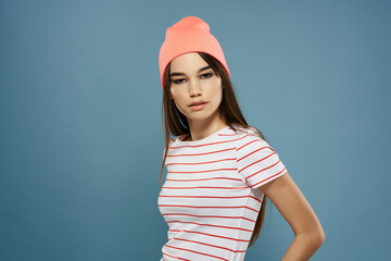 Wall Mural - fashionable woman in striped t-shirt modern style summer clothes
