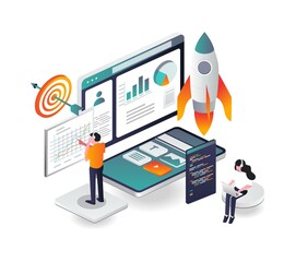 Aufkleber - Launching new apps with rocket in isometric illustration