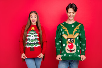 Poster - Photo of cheerful excited couple girl guy look ornament wear ugly pullover isolated red color background