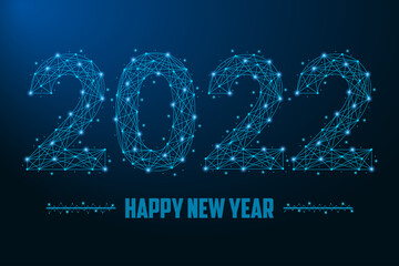 Aufkleber - 2022 New Year illustration made by points and lines, polygonal wireframe mesh on night sky, dark blue background. Low poly greeting card. Vector