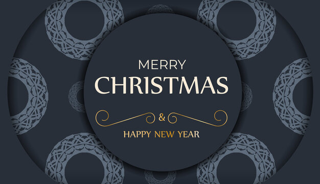 Festive Brochure Merry Christmas and Happy New Year in dark blue with vintage blue ornaments