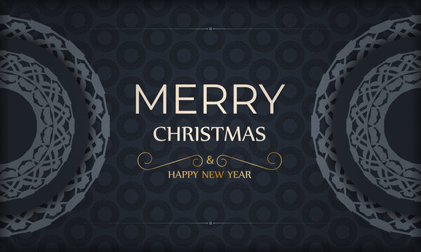 Festive flyer happy new year in dark blue with luxury blue pattern