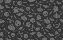 Seamless Halloween Pattern With Scull Bat Ghost Pumpkin Bone Candies Gray And Black