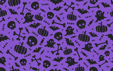 Seamless Halloween Pattern With Scull Bat Ghost Pumpkin Bone Candies Purple And Black