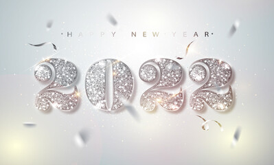 Wall Mural - happy new year 2022 greeting card with silver numbers and confetti frame on white background. vector