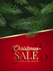 Wall Mural - Christmas Sale Advertising Vector Greeting Card or Poster. Pine Branches Background with Promo Banner. Winter Holidays Discount Offer Decoration Template