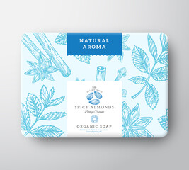 Wall Mural - spicy almonds nut soap cardboard box. abstract vector wrapped paper container with label cover. pack