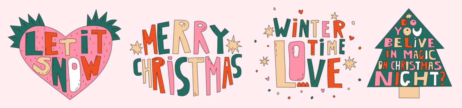 Christmas card vibrant set-lettering wishes words.Hand drawn letters congratulations.Merry Christmas,Let it snow,Wintertime love.Romantic 70s and 80s palette.Typography for social media stories