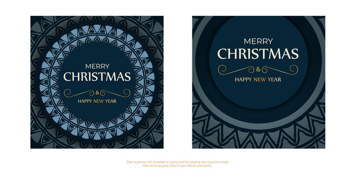 Greeting card Merry Christmas and Happy New Year in dark blue color with abstract blue pattern
