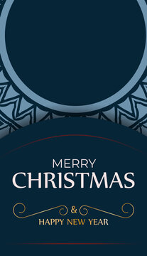 Greeting card Merry Christmas and Happy New Year in dark blue with luxury blue pattern