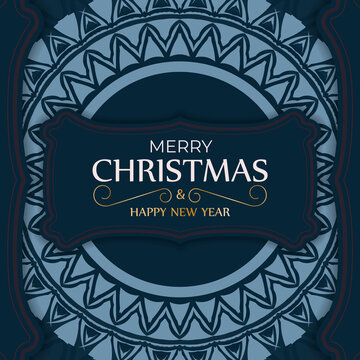 Greeting card Merry Christmas and Happy New Year in dark blue with vintage blue pattern