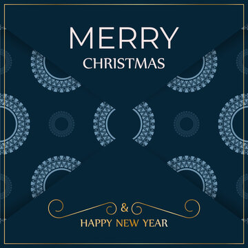 Greeting card Merry Christmas and Happy New Year in dark blue with winter blue pattern