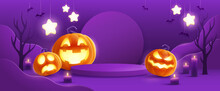 Halloween Fantasy Purple Theme Product Display Podium On Paper Graphic Background With Group Of 3D Illustration Jack O Lantern Pumpkin And Candle Light.