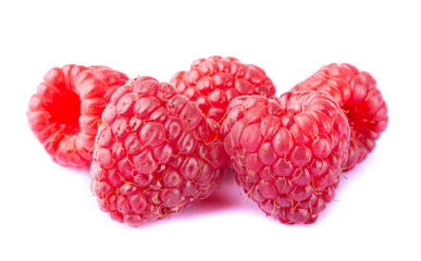 Wall Mural - Five raspberries macro close up isolated on white background	