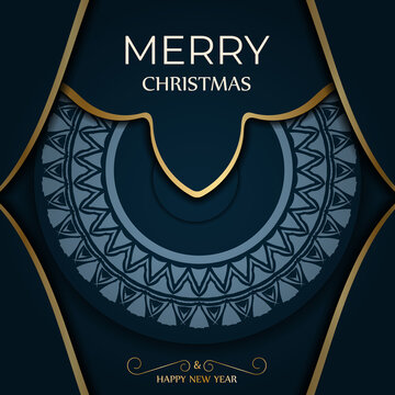 Merry christmas card in dark blue color with luxury blue ornaments