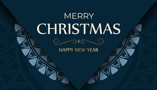 Merry christmas card in dark blue color with vintage blue ornament