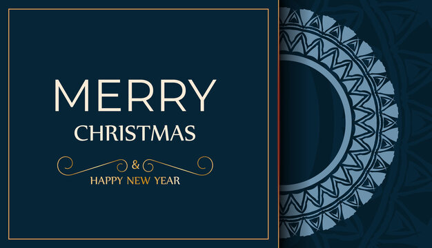 Merry christmas card in dark blue color with vintage blue ornament