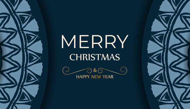 Merry christmas card in dark blue color with vintage blue pattern
