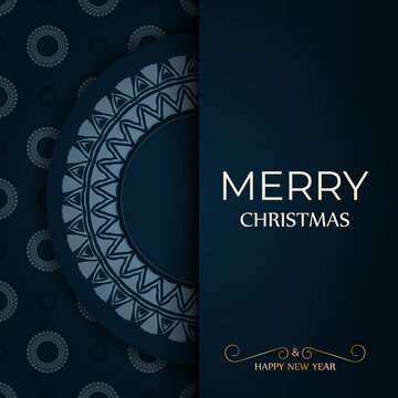 Merry christmas greeting card in dark blue color with luxury blue pattern