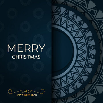 Merry christmas greeting card in dark blue color with luxury blue pattern