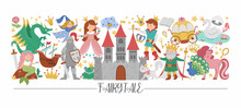 Vector Horizontal Border Set With Cute Fairy Tale Characters And Objects. Fairytale Card Template Design With Princess And Prince. Cute Fantasy Castle Or Kingdom Border With Magic Elements.