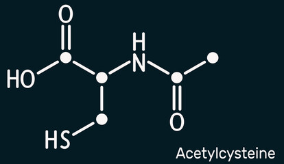 Sticker - Acetylcysteine, N-acetylcysteine, NAC drug molecule. It is an antioxidant and glutathione inducer. Skeletal chemical formula on the dark blue background