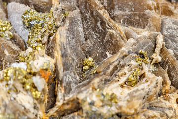 Macro mineral stone Barit Pyrit on a white background