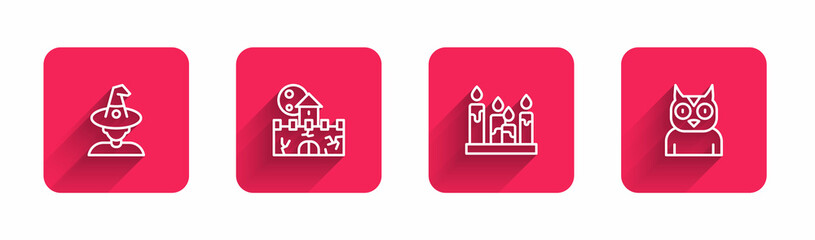 Sticker - Set line Witch, Castle, fortress, Burning candle and Owl bird with long shadow. Red square button. Vector