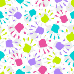 Poster - children seamless pattern. cute handprint background. repeated color texture. checked stamp printed.