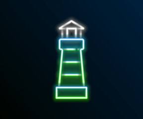 Canvas Print - Glowing neon line Lighthouse icon isolated on black background. Colorful outline concept. Vector