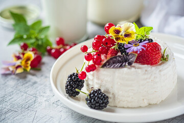 Wall Mural - Vegan country cheese dessert with yogurt, berries and red currants.