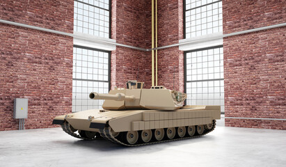 Wall Mural - Heavy Military Tank in Hangar with Big Windows