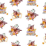 Fototapeta Dinusie - Seamless pattern with books and flower arrangements. The composition for the design of the fabric. An illustration for a holiday, a party and invitations. Decoration for the interior. Autumn drawing.