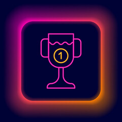 Sticker - Glowing neon line Award cup icon isolated on black background. Winner trophy symbol. Championship or competition trophy. Sports achievement sign. Colorful outline concept. Vector