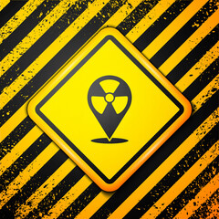 Black Radioactive in location icon isolated on yellow background. Radioactive toxic symbol. Radiation Hazard sign. Warning sign. Vector