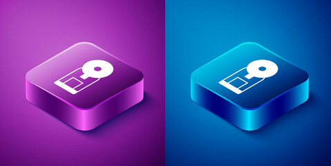 Wall Mural - Isometric Smart coffee machine system icon isolated on blue and purple background. Internet of things concept with wireless connection. Square button. Vector